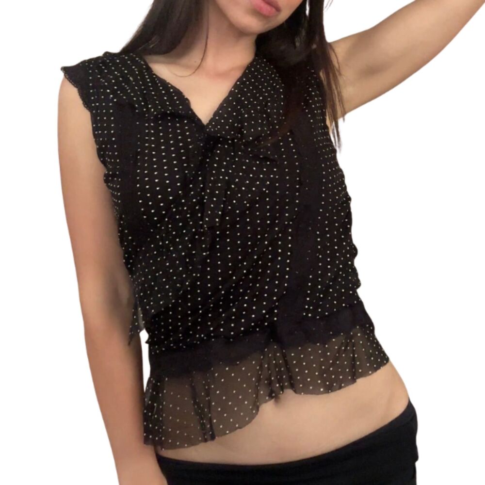 Warrior Girl Black White Polka Dot Sheer Ruffle Y2K Top M